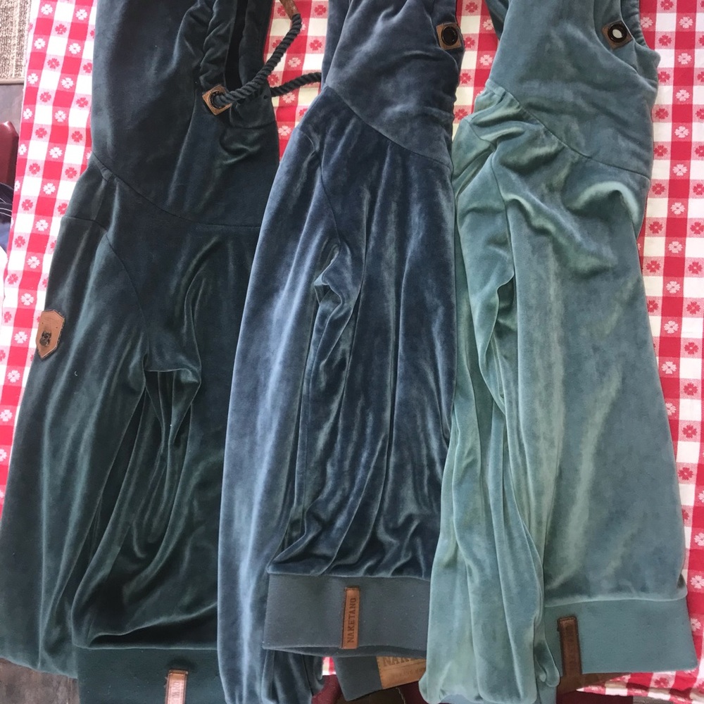 Lot of 3 Authentic Naketano Velvet Green and Blue Hoodies.